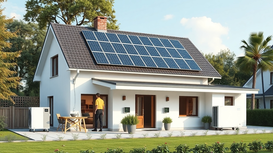 Családi ház napelemekkel és hőszivattyúval a tetőn