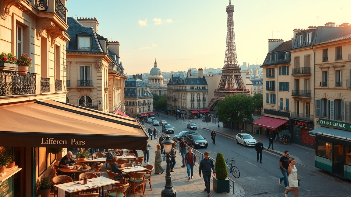 Párizsi utca, Eiffel-torony a háttérben, délutáni fényben.