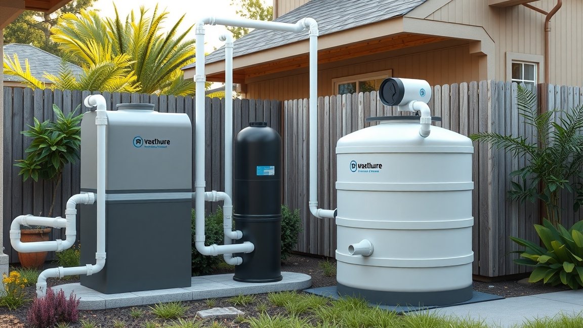 Házi szennyvíztisztító rendszer a kertben, telepítve és használatra kész.