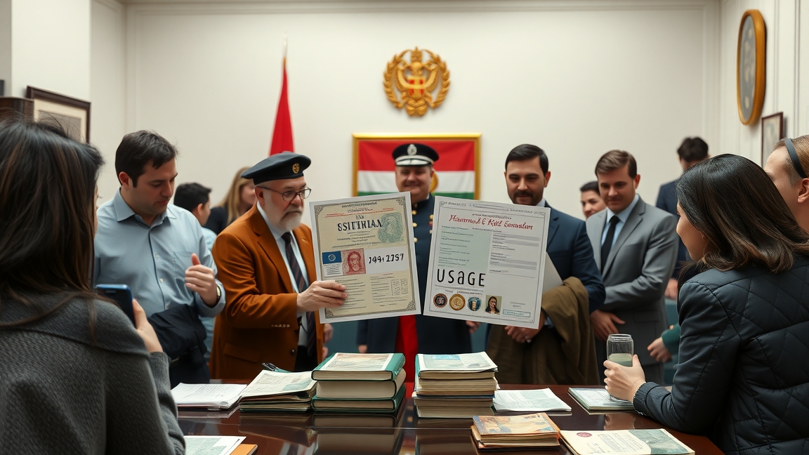 Magyar állampolgársági iratok bemutatása hivatalos környezetben.