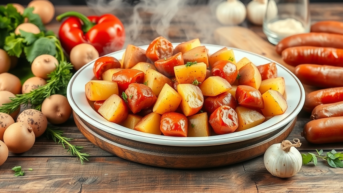 Paprikás krumpli változatos zöldségekkel és kolbásszal tálalva