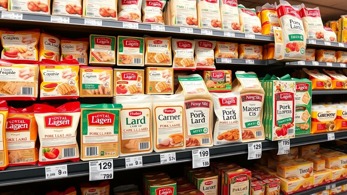 Sertészsír különböző csomagolásokban a bolt polcán.