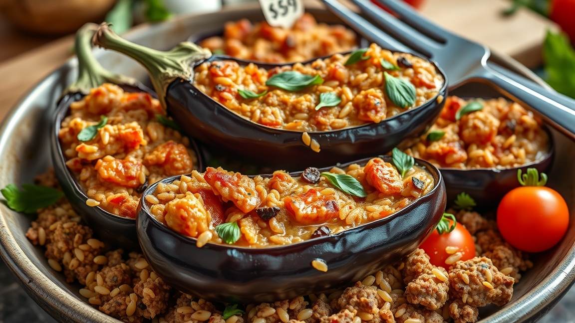 Töltött padlizsán friss fűszerekkel és zöldségekkel.