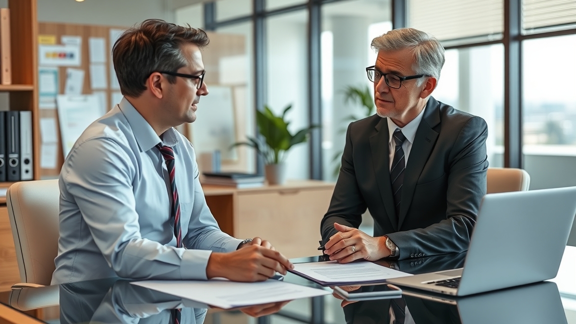 Két férfi tárgyal egy válóperes ügyvéd irodájában.