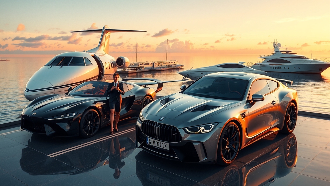 Luxus életstílus: magánrepülő, sportkocsik és jacht a naplementében