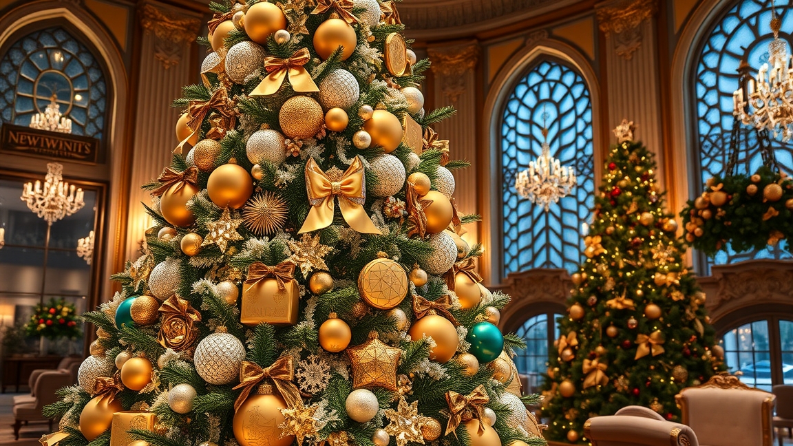 A világ legdrágább karácsonyfájának díszítése arany és ezüst gömbökkel.