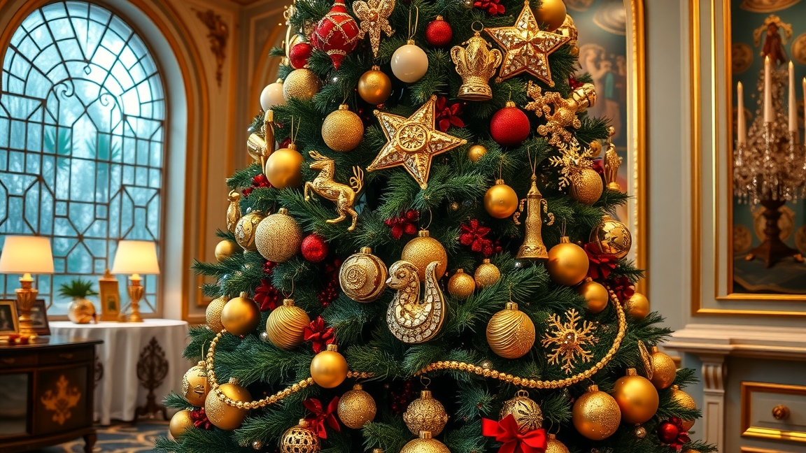 Fényűző karácsonyfa arany és piros díszekkel díszítve