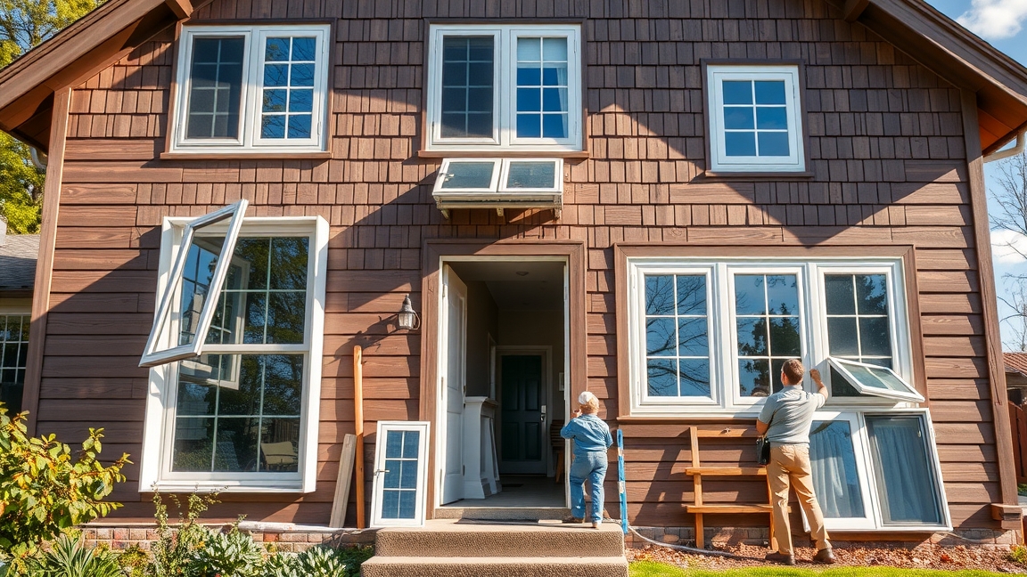 Ablakcsere házon, fiatal gyerek és felnőtt dolgozik.