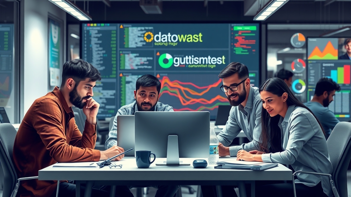 Csapat adatbázis fejlesztésével foglalkozik, számítógép előtt ülve.