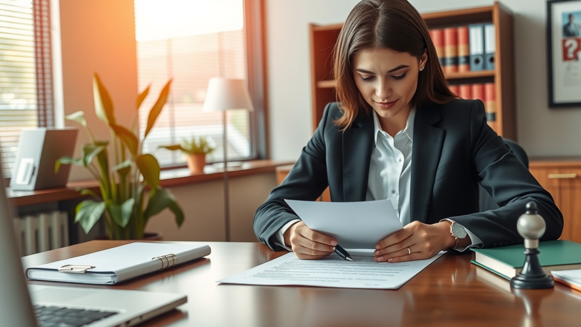 Nő jogi dokumentumot készít jogi irodában, adatvédelem témában.