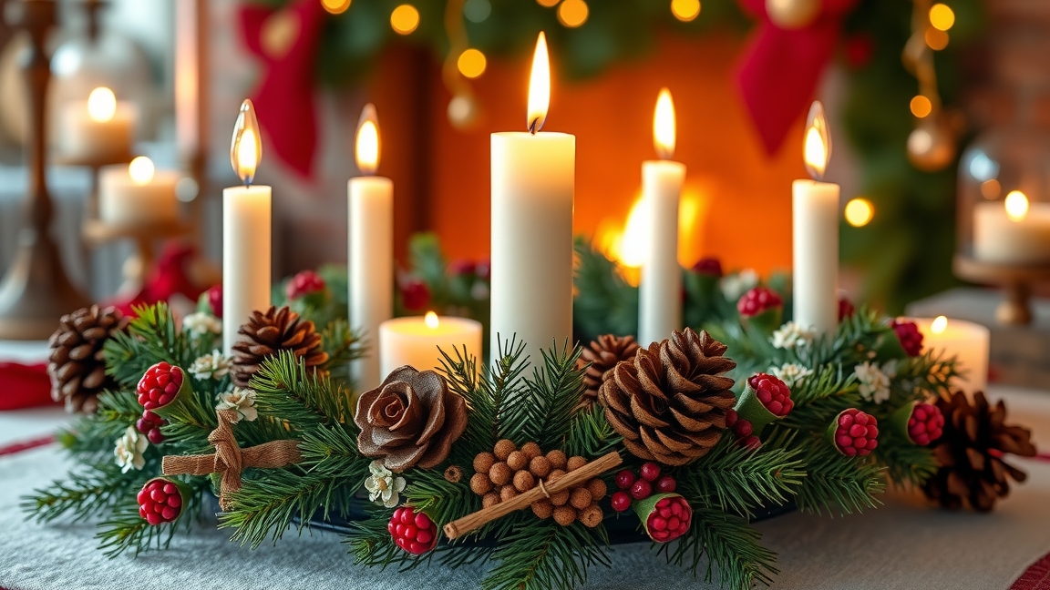 Gyönyörű adventi koszorú gyertyákkal és díszítésével.