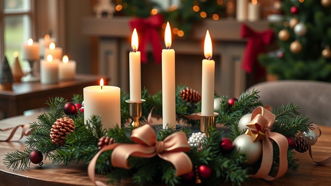 Karácsonyi adventi koszorú gyertyákkal és díszekkel