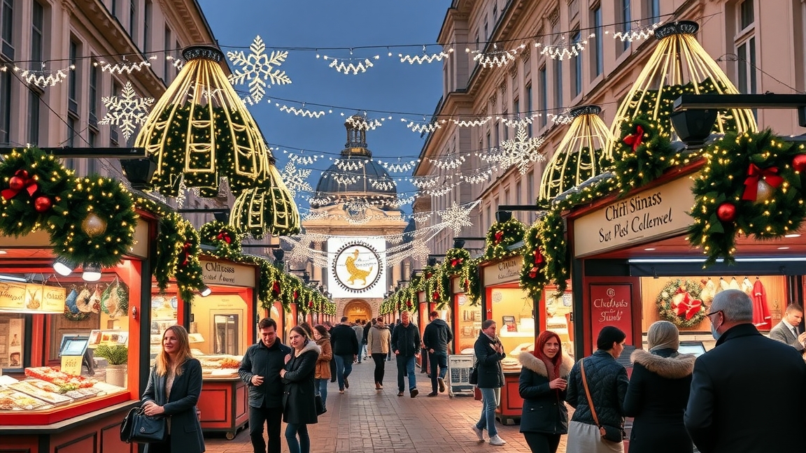 Adventi vásár Bécsben karácsonyi díszekkel és emberekkel.