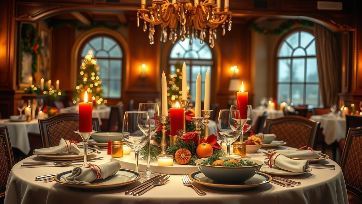 Elegáns adventi vacsora asztal ünnepi díszítéssel és gyertyákkal