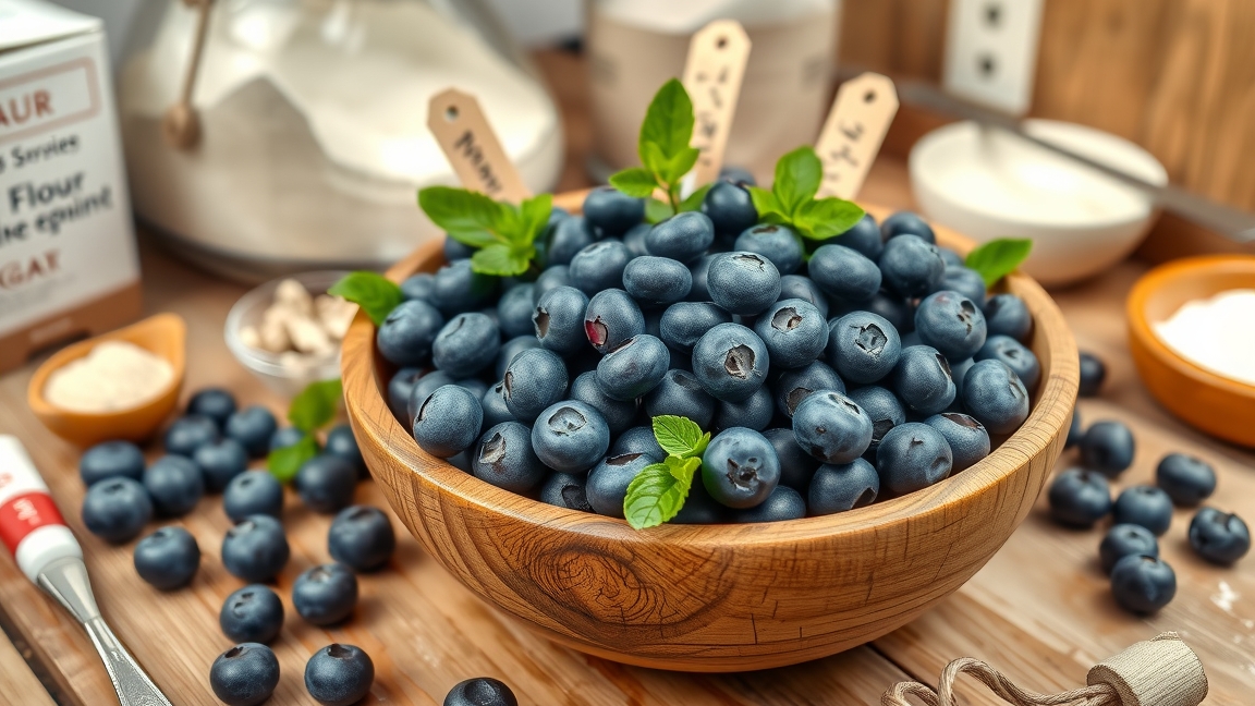 Friss áfonya egy fából készült tálban, gyógynövényekkel díszítve