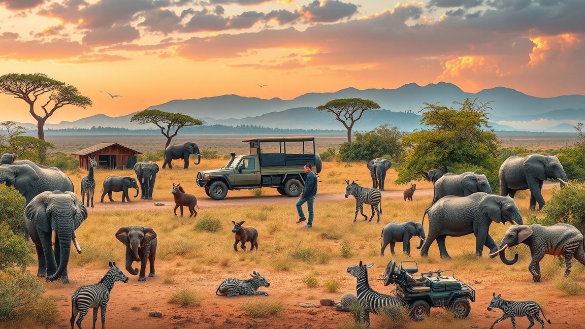 Afrikai szafari látványa elefántokkal és zebrákkal