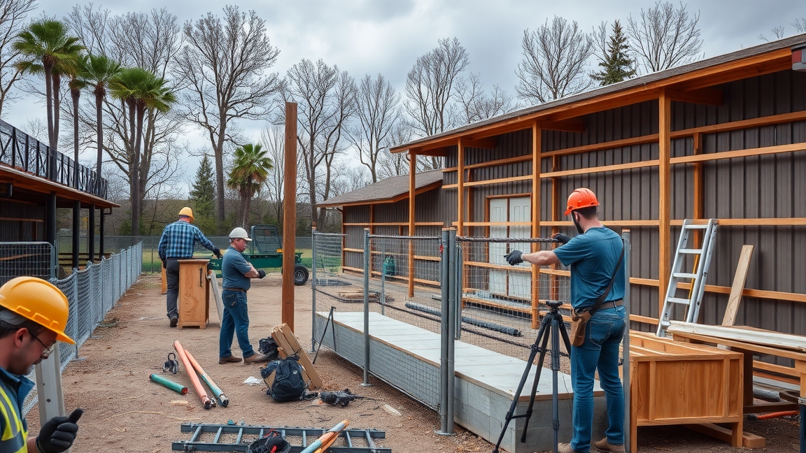 Agility pálya építése, munkások a területen, eszközök és fák a háttérben.