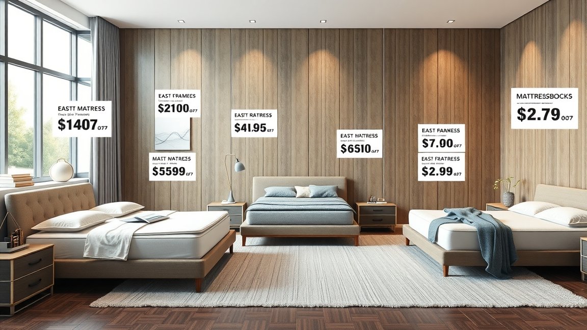 Modern hálószoba ágykeretekkel és matracokkal az árak feltüntetésével.
