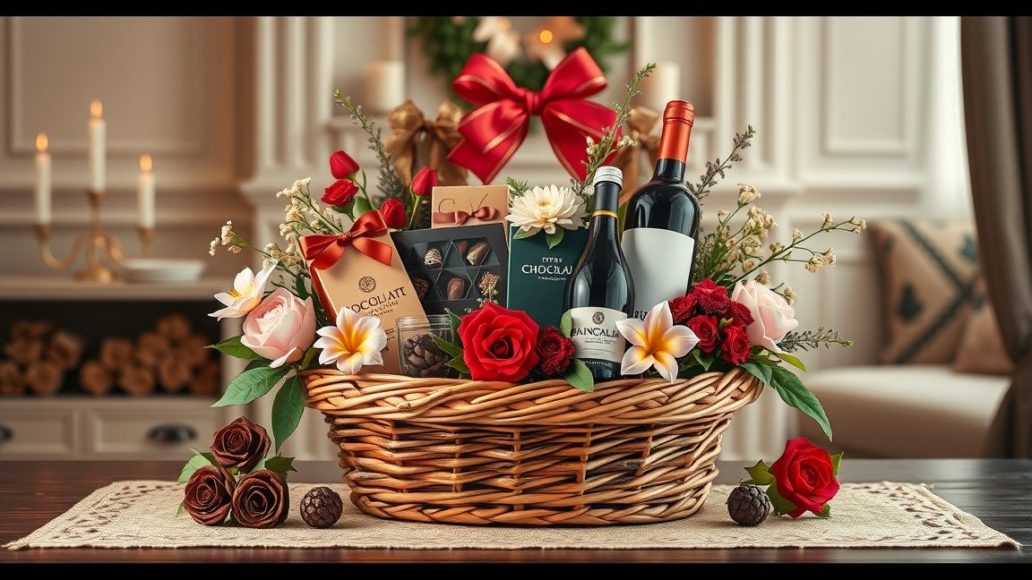 Elegáns ajándékcsomag borral és édességekkel, virágokkal díszítve.