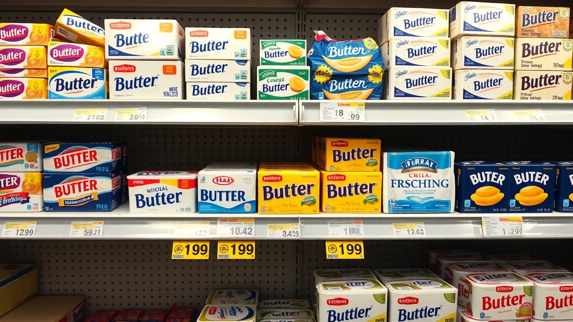 Csomagolt vajak és margarinok az üzlet polcán.