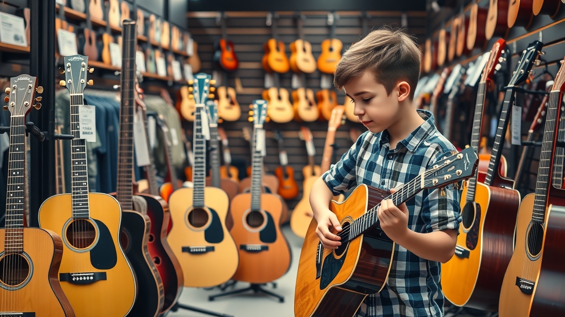 Egy fiú akusztikus gitárt játszik egy hangszerboltban.