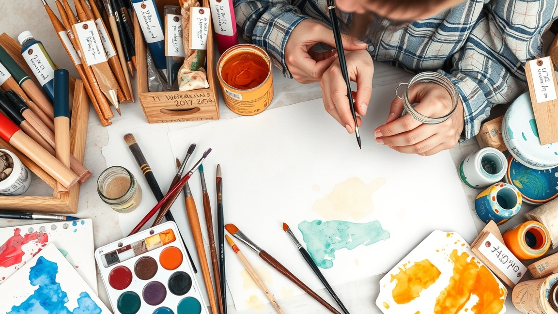 Akvarell festéshez szükséges eszközök asztalon, folyamatban lévő kép