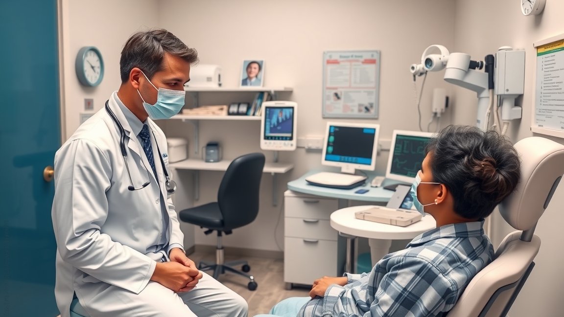 Orvosi vizsgálat folyamatban, orvos és beteg interakciója.