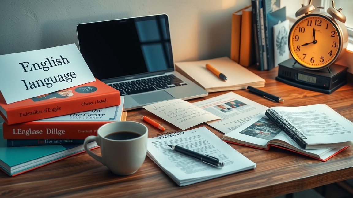 Tanulási eszközök angol nyelvhez, kávé és jegyzetek az asztalon