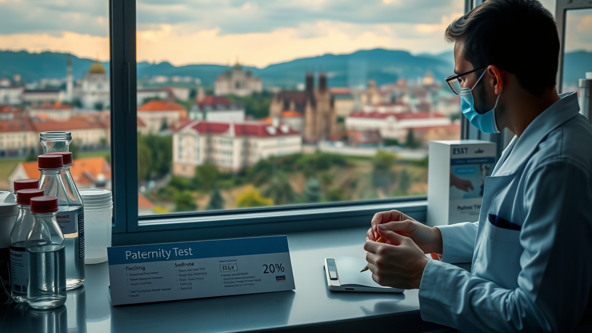 Apasági teszt magánlaborban, kémcsövek és szakember az asztalnál.