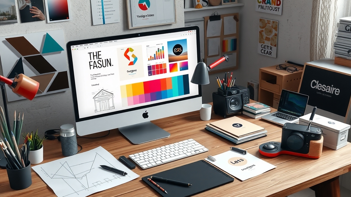 Modern design workspace with computer, branding materials and stationery.