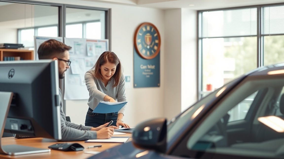 Jármű átírása ügyintézés közben, dokumentumokkal és autóval.