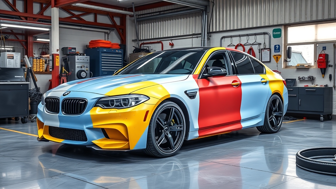 Fóliázott BMW autó a műhelyben