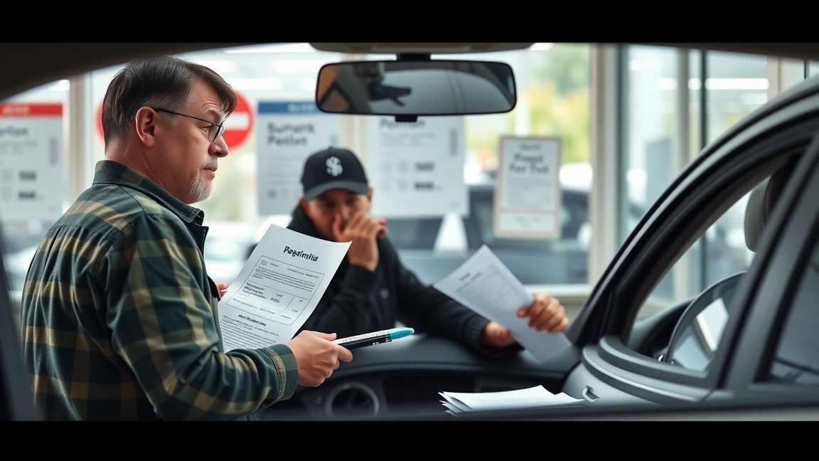 Két férfi autóátírási dokumentumokat néz át egy autószalonban.