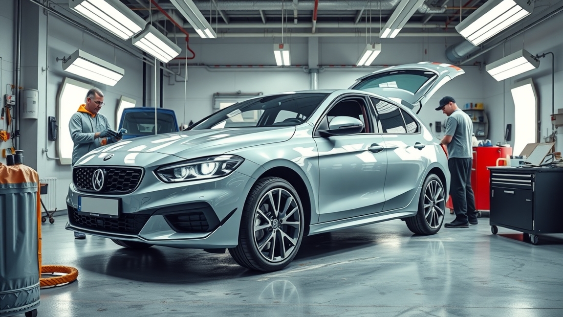 Modern autófényező műhely aktív munkáját bemutató képe.