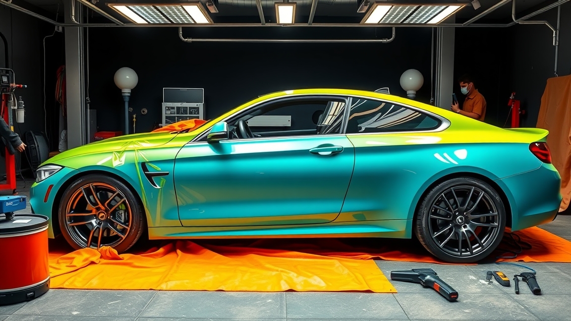 Egy autófóliázás folyamatban, színes fóliával ellátott autó