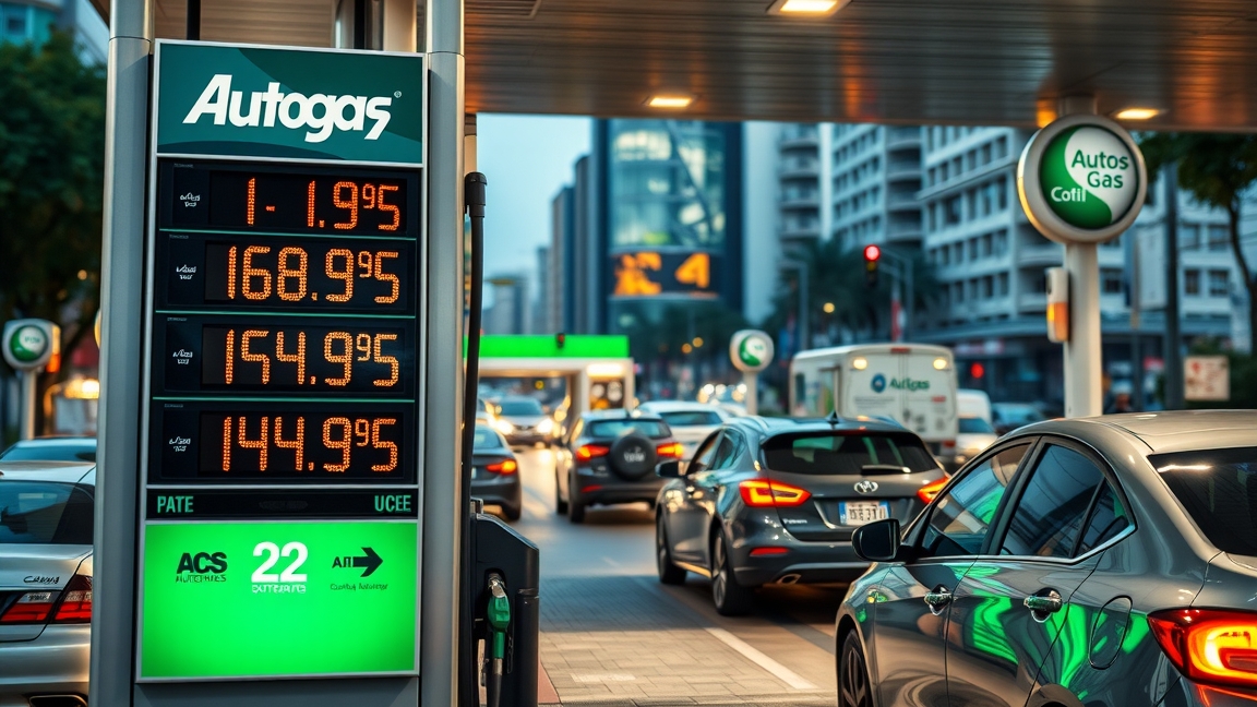 Autógáz árak megjelenítése benzinkútnál, forgalmas városi környezetben.