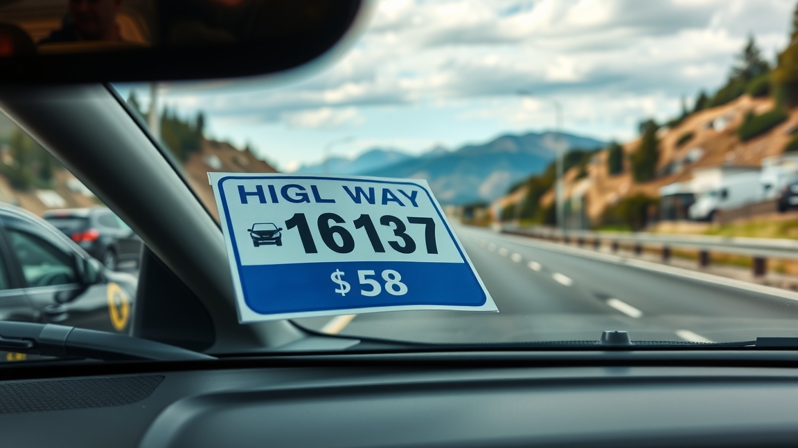 Autópálya-matrica az autó szélvédőjén, háttérben autópályával.