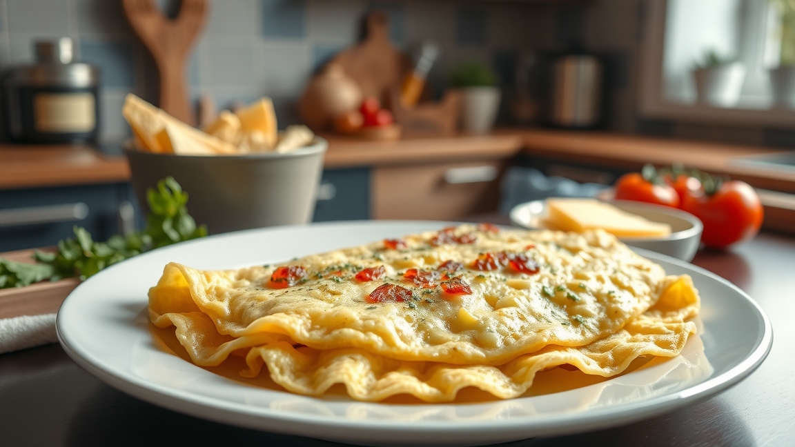 Friss, ízletes omlett zöldségekkel és sajtal egy tányéron.