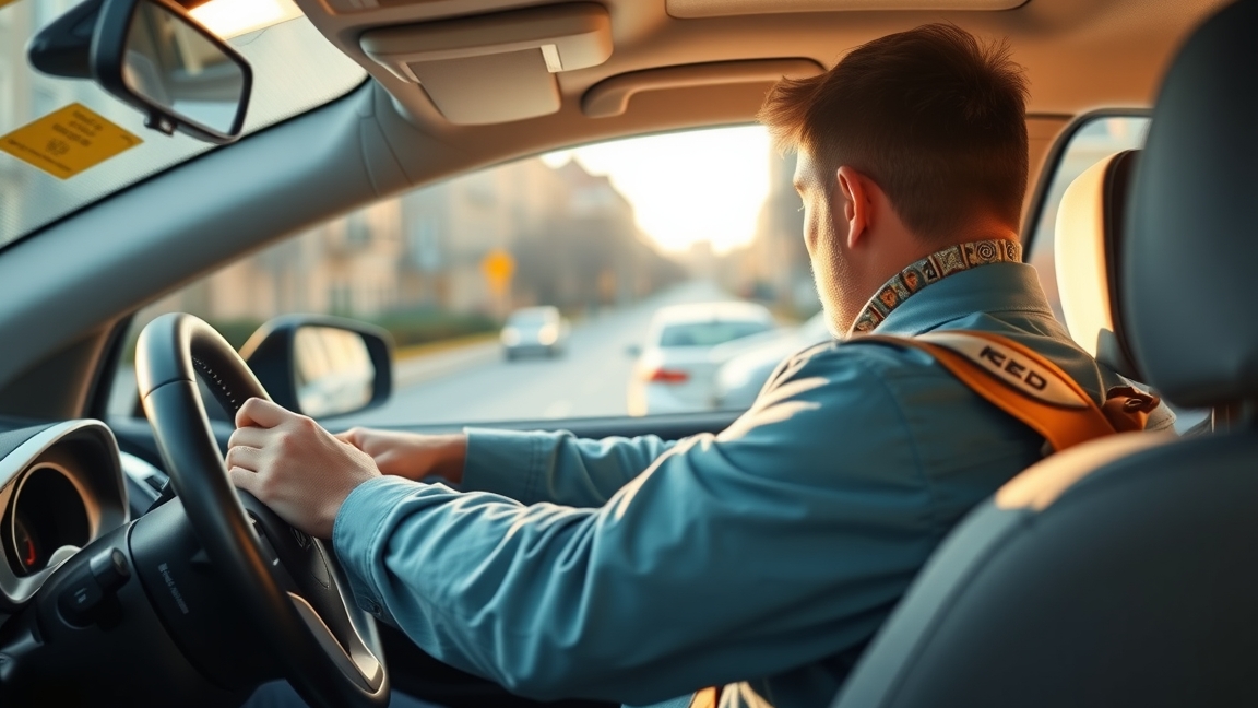 Férfi autóvezetés közben, B kategóriás jogosítvány tanulásához kapcsolódóan.