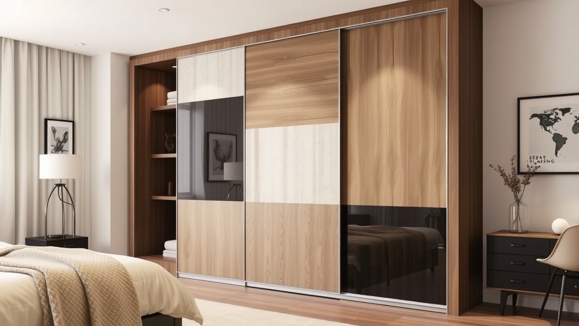 Modern beépített szekrény különböző színű ajtókkal