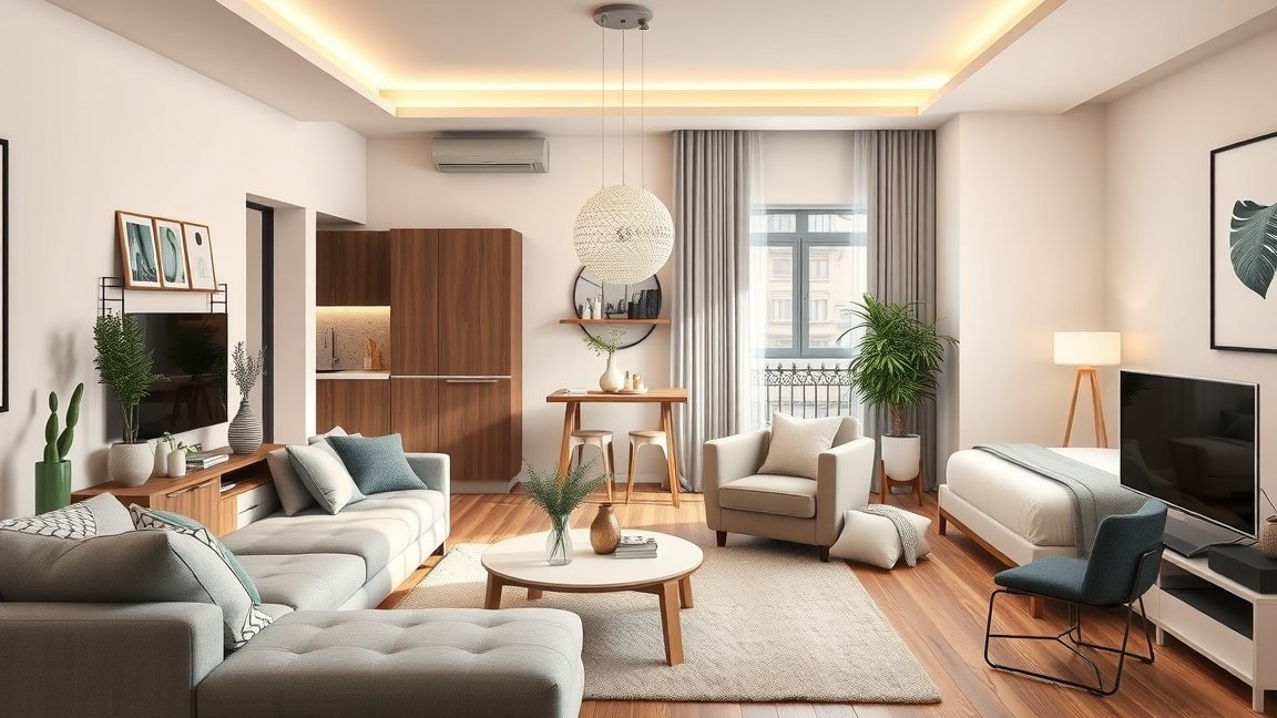 Modern berendezés egy világos nappaliban növényekkel és stílusos bútorokkal.