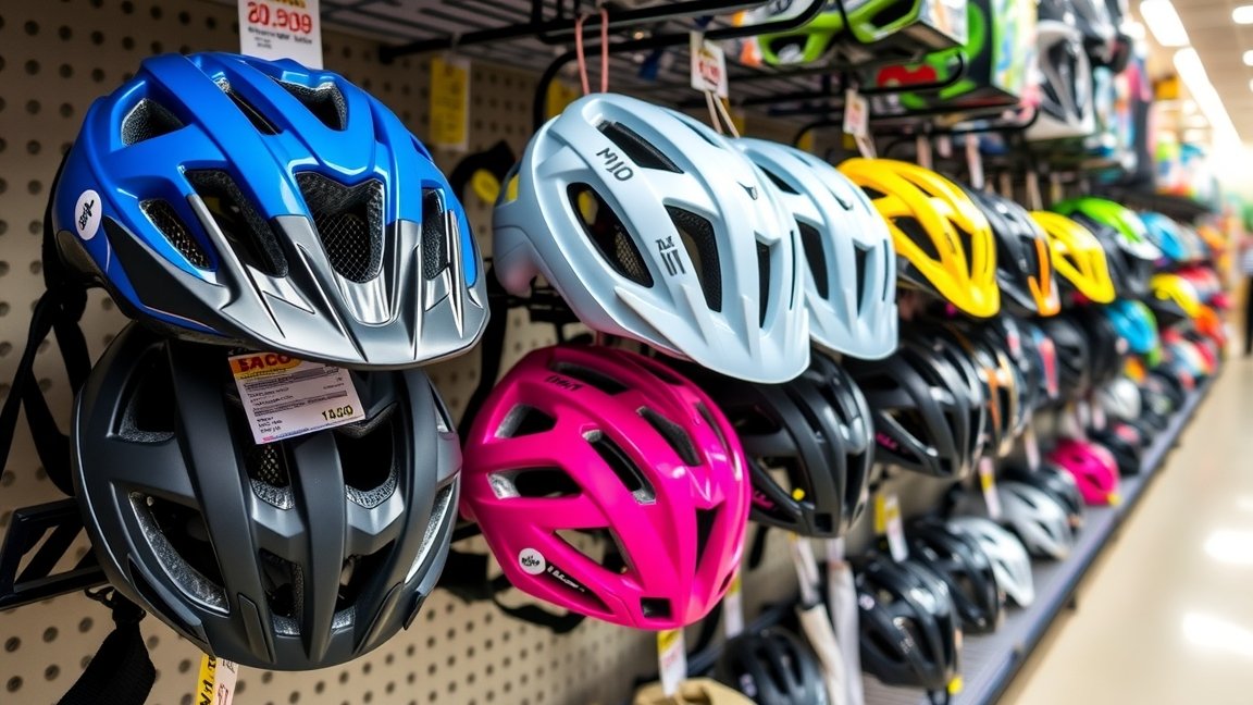 Színes biciklis sisakok boltban, különböző típusok és árak