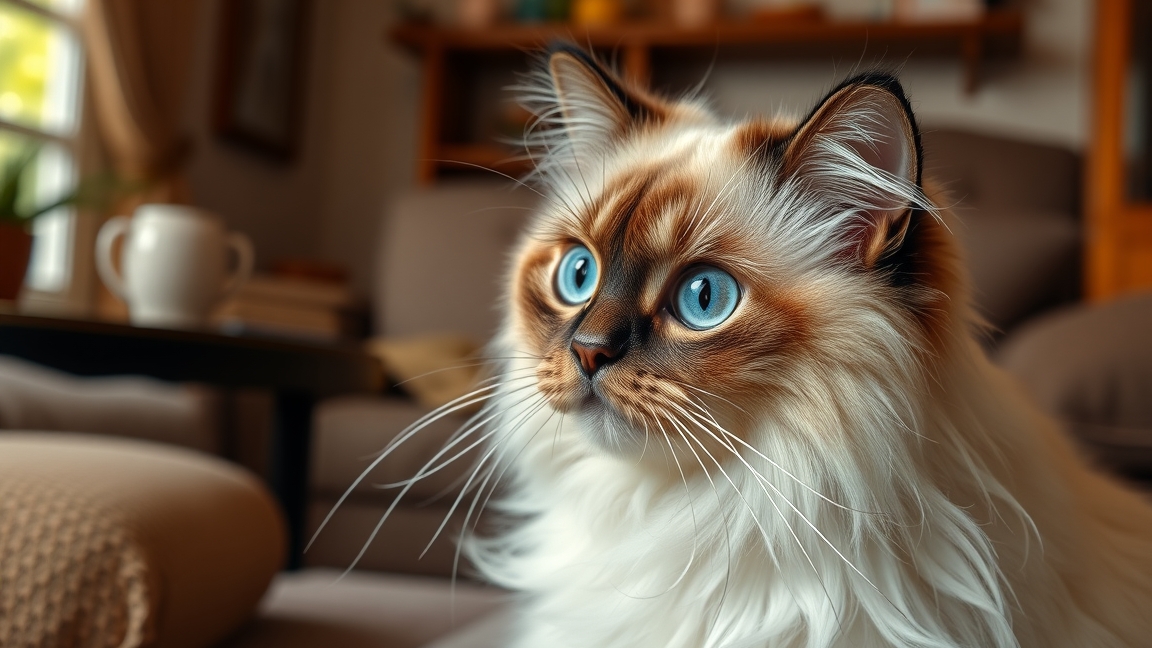 Gyönyörű birman macska hosszú bundával és kék szemekkel.