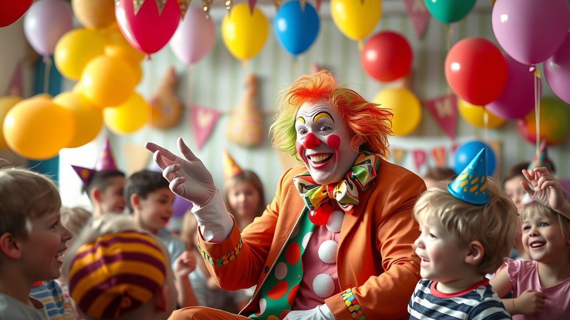Bohóc gyerekbulin, vidám gyerekek és színes lufik között.