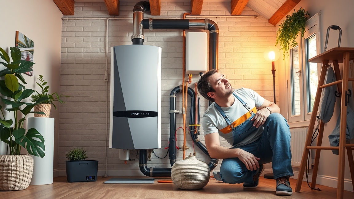 Szerelő a bojler cseréjénél otthoni környezetben.