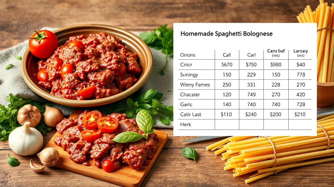 Házi bolognai spagetti friss hozzávalókkal és költség táblázattal.