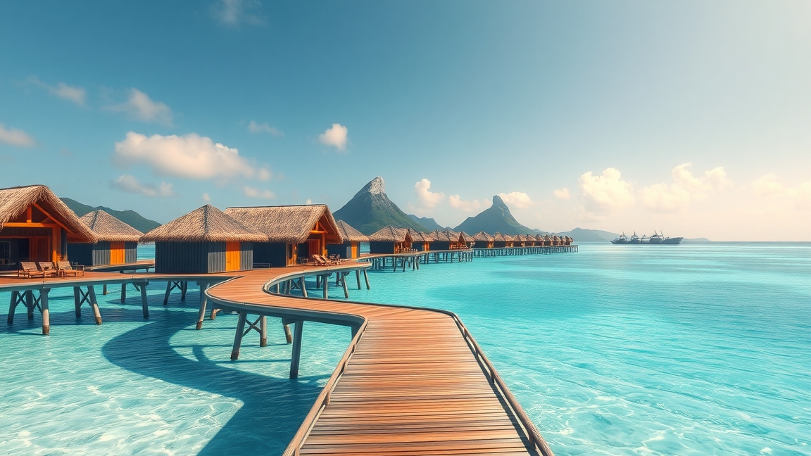 Bora Bora gyönyörű overwater bungalói és tenger látvány.