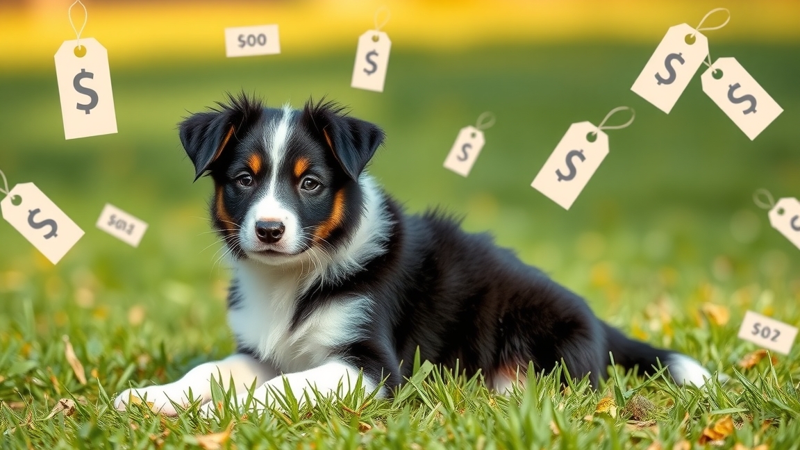 Egy Border Collie kölyök zöld fűben pénzcímkékkel.