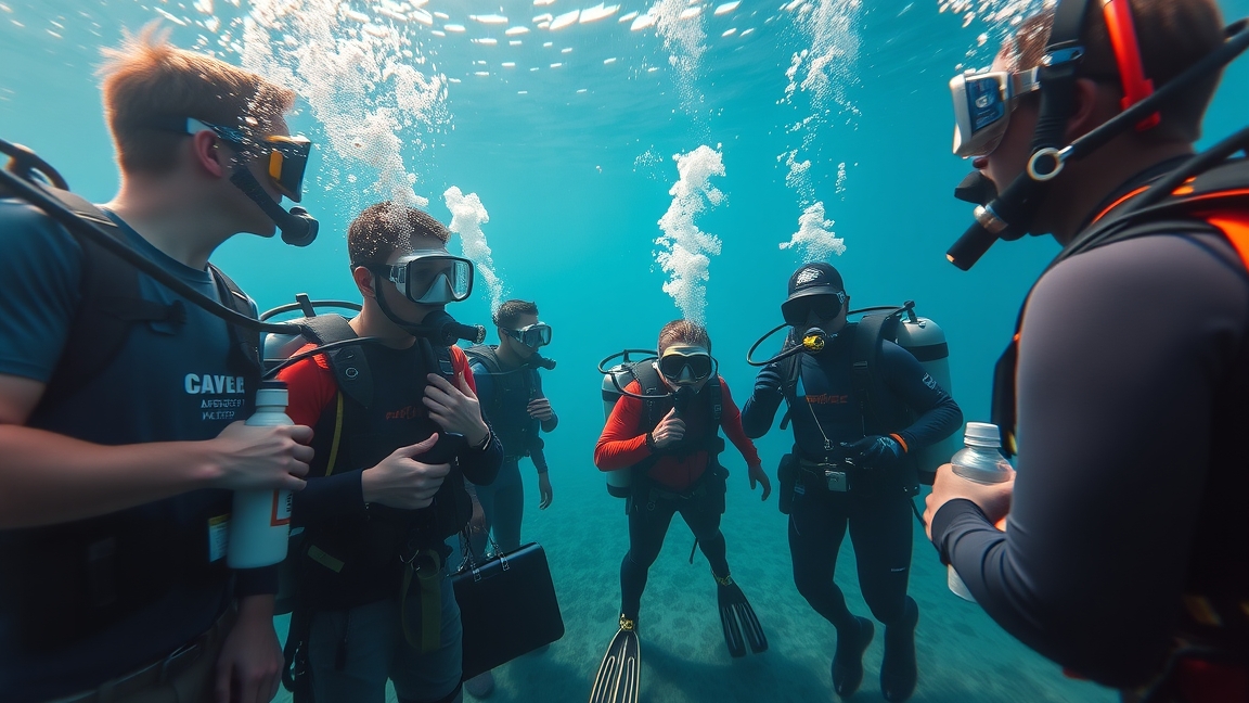 Búvárok egy tanfolyamon, felfedezik a víz alatti világot.