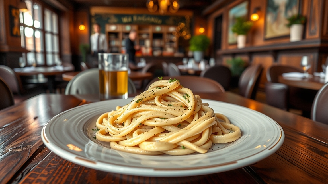 Egy adag carbonara tészta egy elegáns étteremben